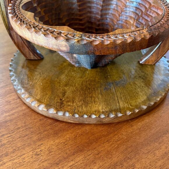 Vintage Hand Carved Rosewood Wooden Folding Basket Trivet with Handle - Picture 4 of 13